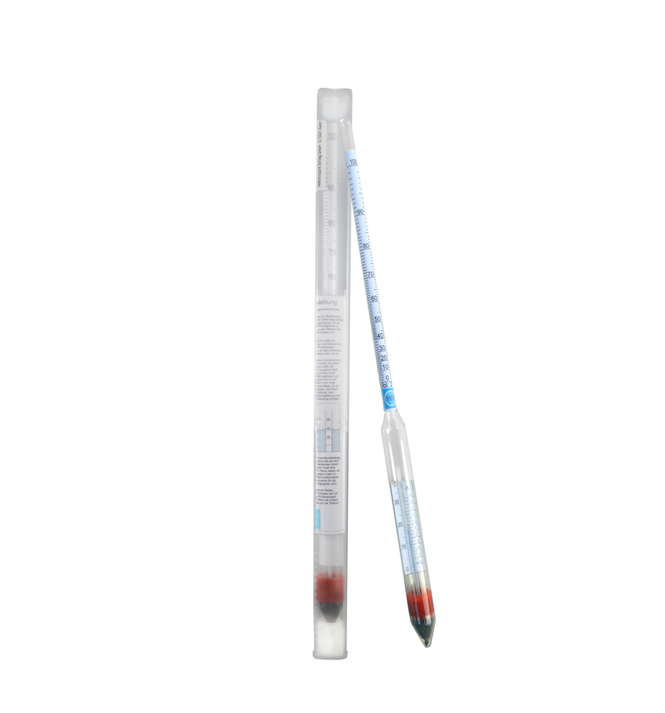 Alkoholmeter 0-100 %Vol., m. Therm. HEFEREINZUCHT SCHLAG GMBH Alkoholmeter 0-100 %Vol., m. Therm. L 300 mm, Vorlagegerät