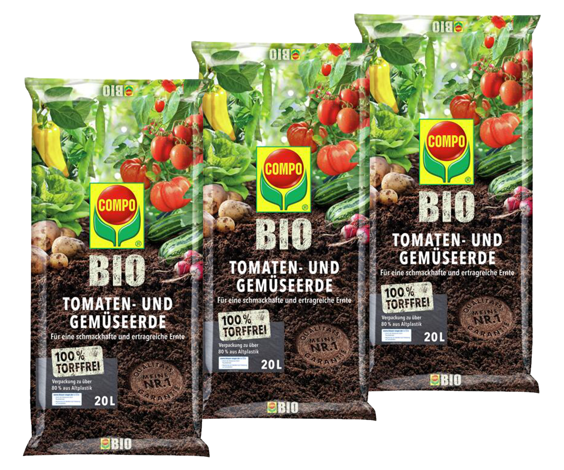 COMPO BIO Tomaten- und Gemüseerde, torffrei, 3 x 20 Liter