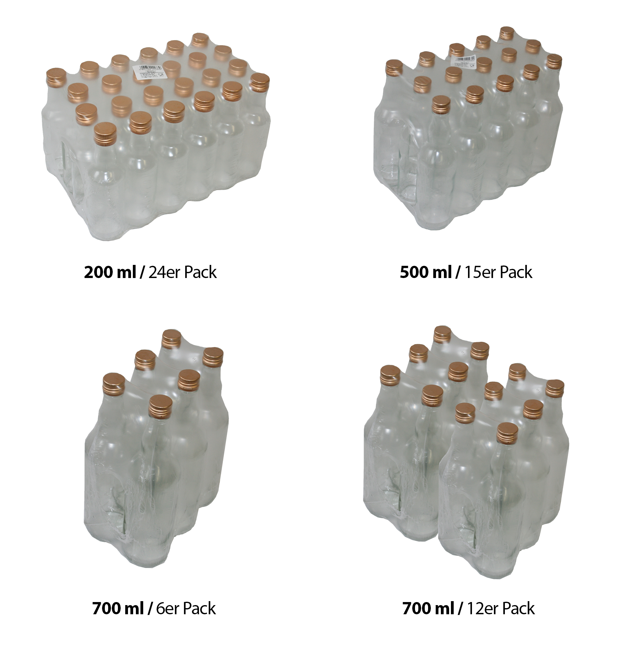 Glasflaschen 200, 500 und 700ml im Pack