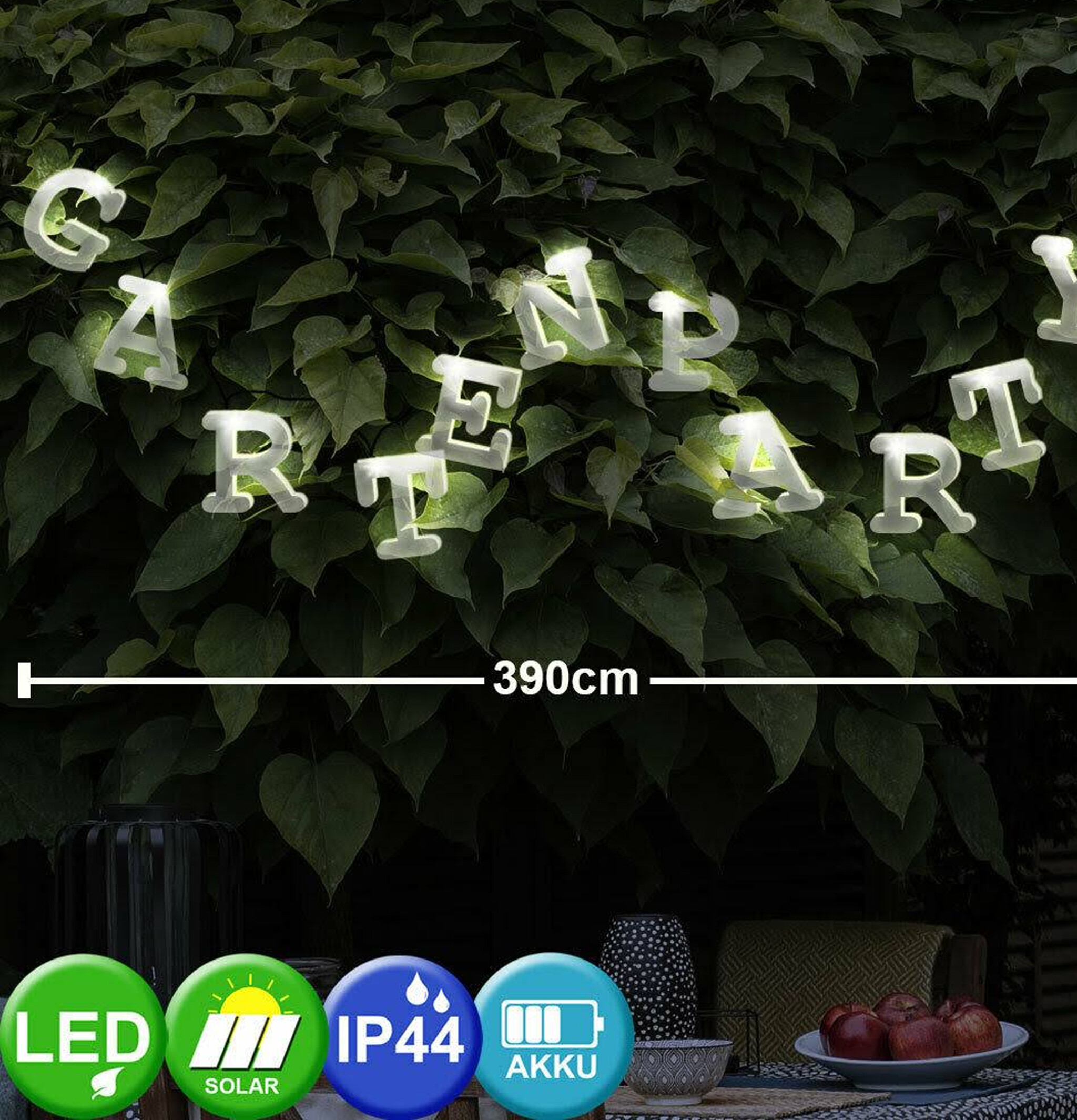 Solar-Lichterkette Buchstaben 20 LED, 55 Buchstaben