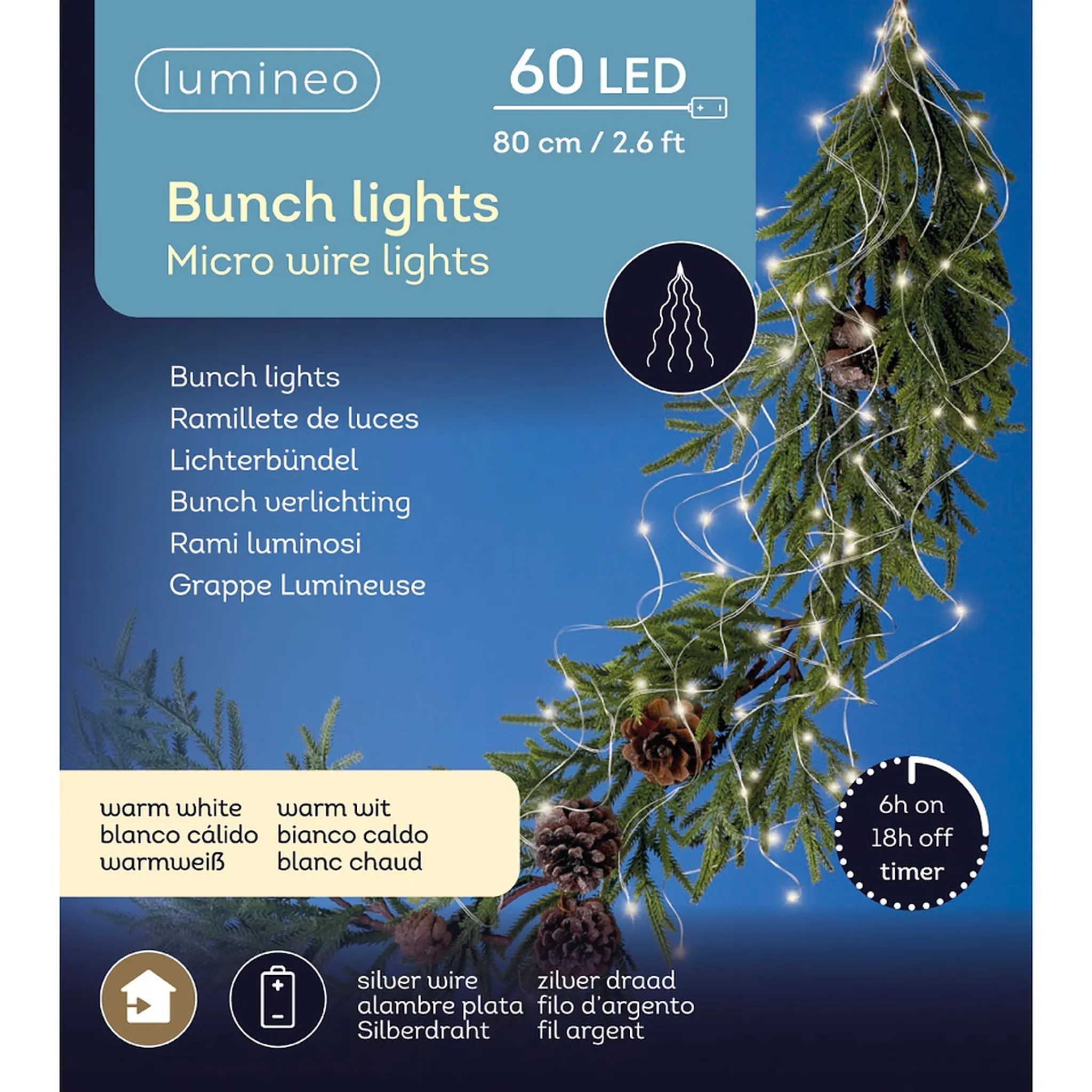 Micro LED Lichter-Bündel, silber/warm weiß, 60 LED - 80cm