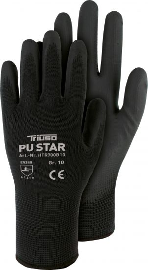 TRIUSO Arbeitshandschuh PU-Star, Größe: 7-11, schwarz, PU-Beschichtung