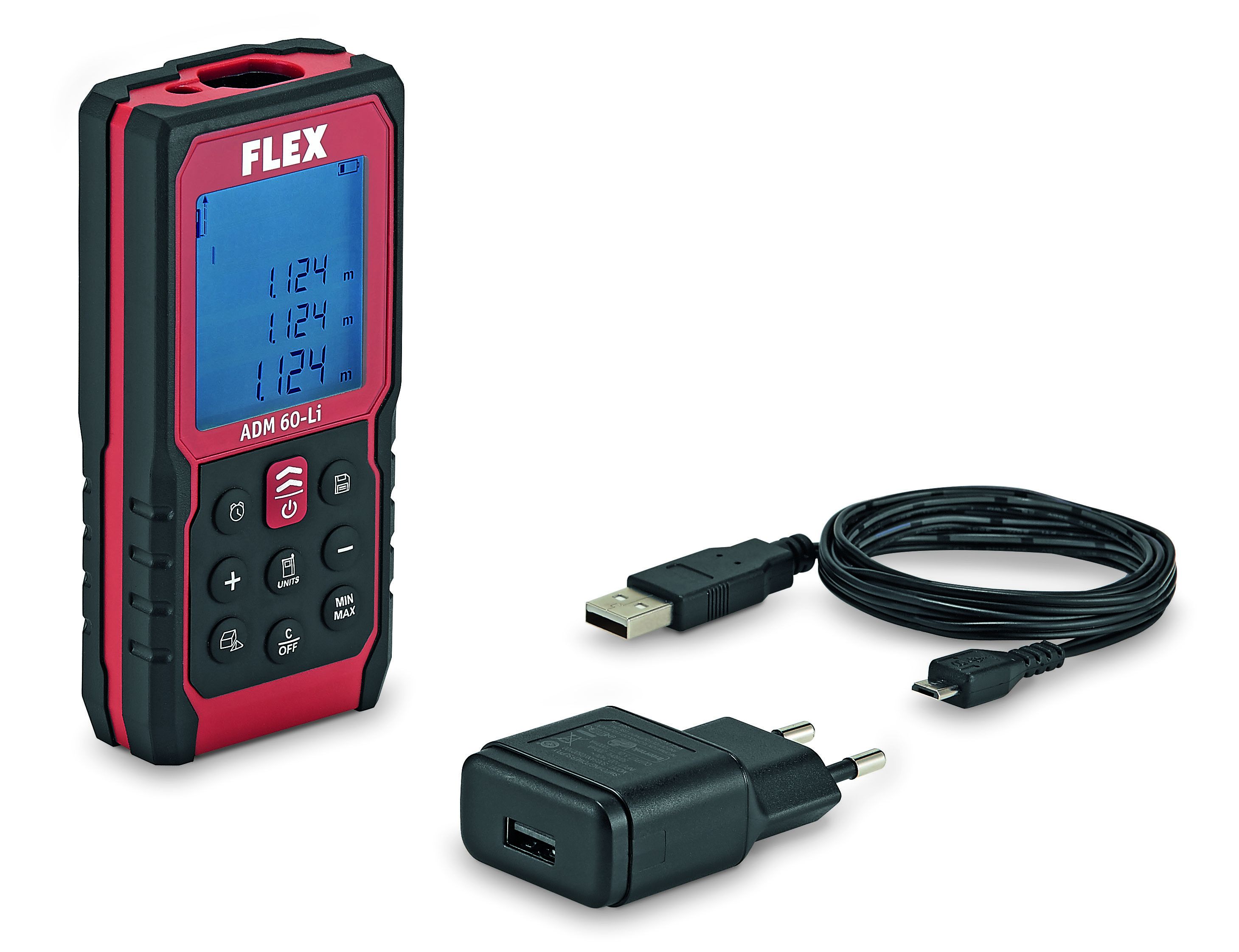FLEX-ELEKTROWERKZEUGE Laser-Entfernungsmesser ADM 60 Li mit USB-Kabel u. Ladegerät in Tasche